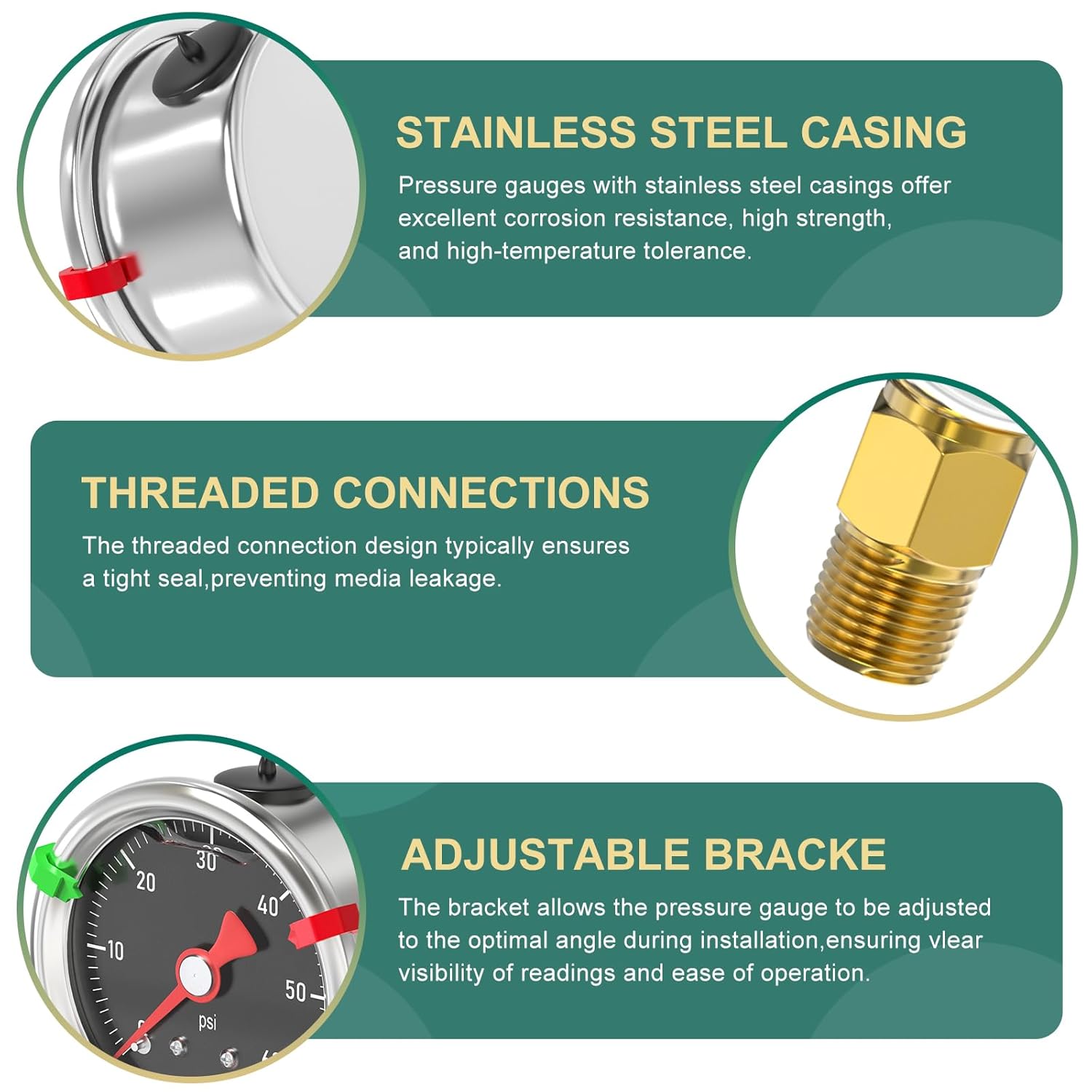 0-60PSI Stainless Steel Glycerin Filled Pressure Gauge 1.5" Black Dial Size, 1/8" NPT Lower Mount, for Tube, Water Pump, Gas, Liquid, Pressure Test (with Range Mark Pointer)