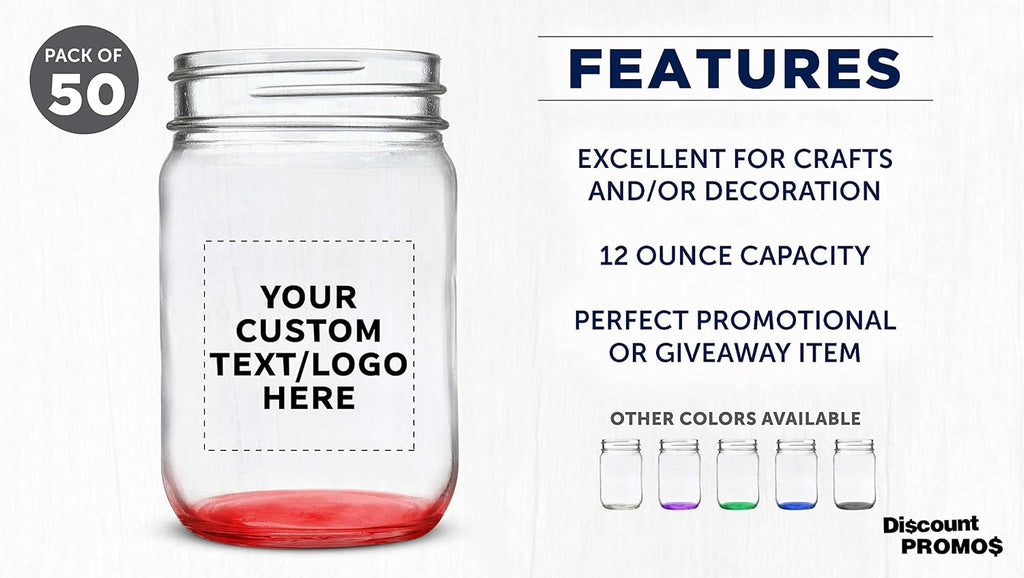 DISCOUNT PROMOS Custom Decorating Mason Jars 12 oz. Set of 50, Personalized Bulk Pack - Glass Jars for Overnight Oats, Candies, Fruits, Pickles, Spices, Beverages - Red