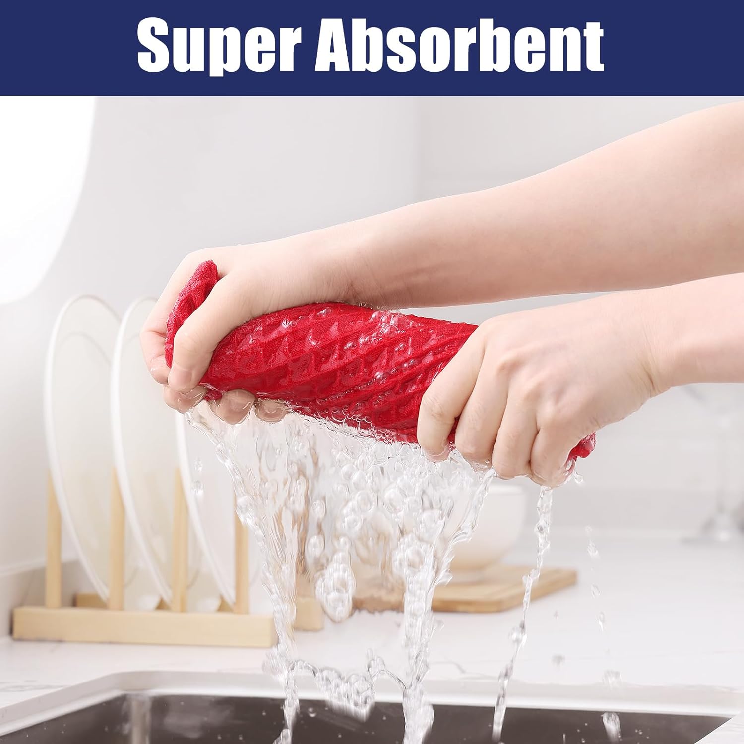 Homaxy Microfiber Waffle Weave Kitchen Towels, 16 x 28 Inch Ultra Absorbent and Solid Color Dish Towels, 8 Pack, Red