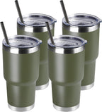 DOMICARE 30 oz Tumbler with Lid and Straw, Stainless Steel Tumblers Bulk, Insulated Vacuum Double Wall Travel Coffee Mug, Durable Powder Coated Tumbler Cups (Army Green, 4)