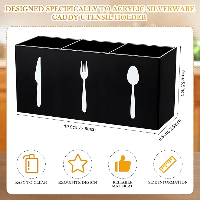 Suzile Acrylic Cutlery Storage Organizer Bin Silverware Caddy Countertop Knife Spoon and Fork Holder Kitchen 3 Section Tableware Storage Box for Cabinet Indoor Home Flatware Dining Room (Black,M)