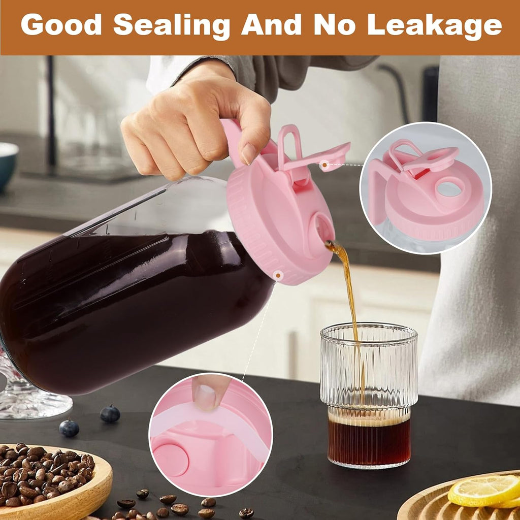 Cold Brew Coffee Maker，64 oz Wide Mouth Mason Jar Pitcher with Stainless Steel Filter, Pour Spout Handle Lid, Heavy Duty Glass Airtight & Leak-Proof Pitcher for iced coffee & Tea Lemonade-Pink