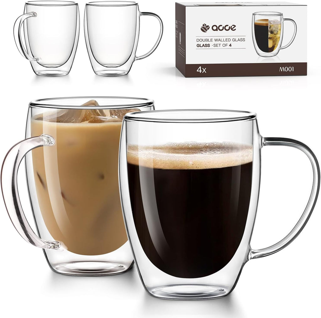 OJA Double Wall Glass Coffee Mugs Set of 4, Hand Blown 12.5OZ Clear Glass Coffee Cups, Insulated Tea Mug, Perfect for Espresso, Cappuccino, Latte, American,Tea Bag, Beverage