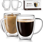 OJA Double Wall Glass Coffee Mugs Set of 4, Hand Blown 12.5OZ Clear Glass Coffee Cups, Insulated Tea Mug, Perfect for Espresso, Cappuccino, Latte, American,Tea Bag, Beverage