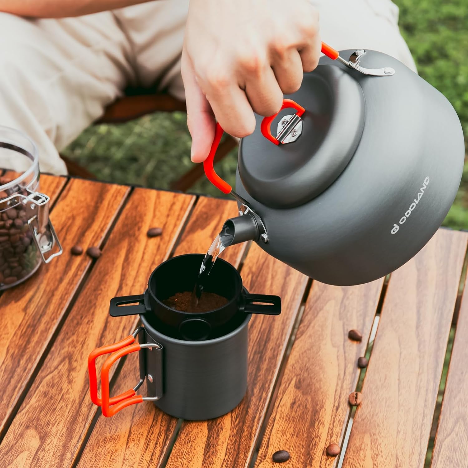 Odoland Camping Coffee Pot Camping Coffee Makers, 1.2L Camping Kettle with Camping Mug and Camp Coffee Filter of Camp Cookware for Hiking Backpacking and Picnic