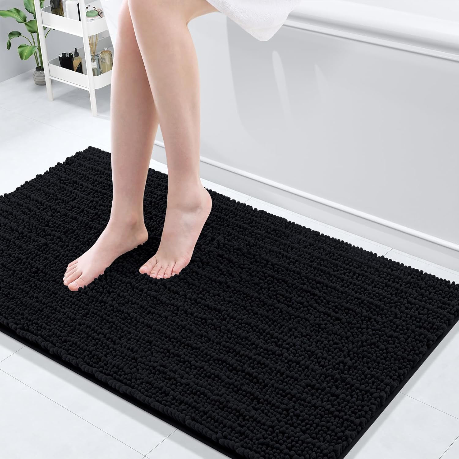 Arotive Luxury Chenille Bathroom Rug Mat, Extra Soft Thick Absorbent Shaggy Bath Rugs, Non-Slip Machine Wash Dry, Plush Bath Mats for Bathroom, Shower and Tub, 47x24, Black