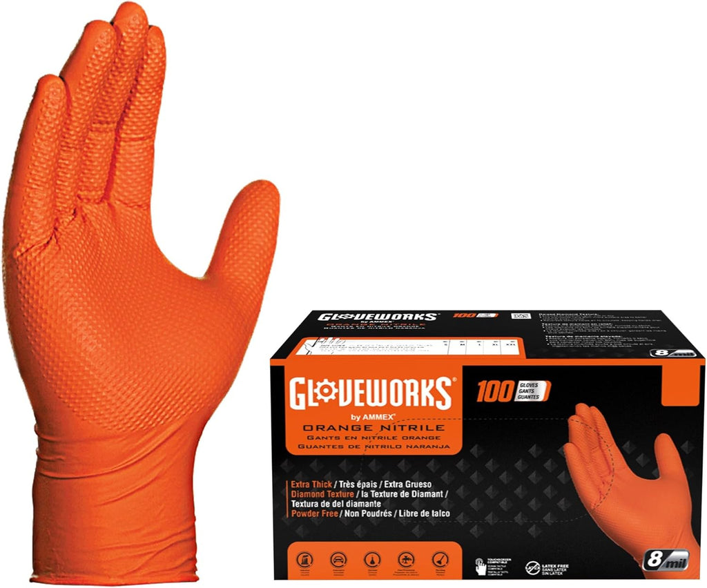GLOVEWORKS Heavy-Duty Nitrile Gloves, Disposable, Latex Free, 8 Mil, Orange, Diamond Grip Glove