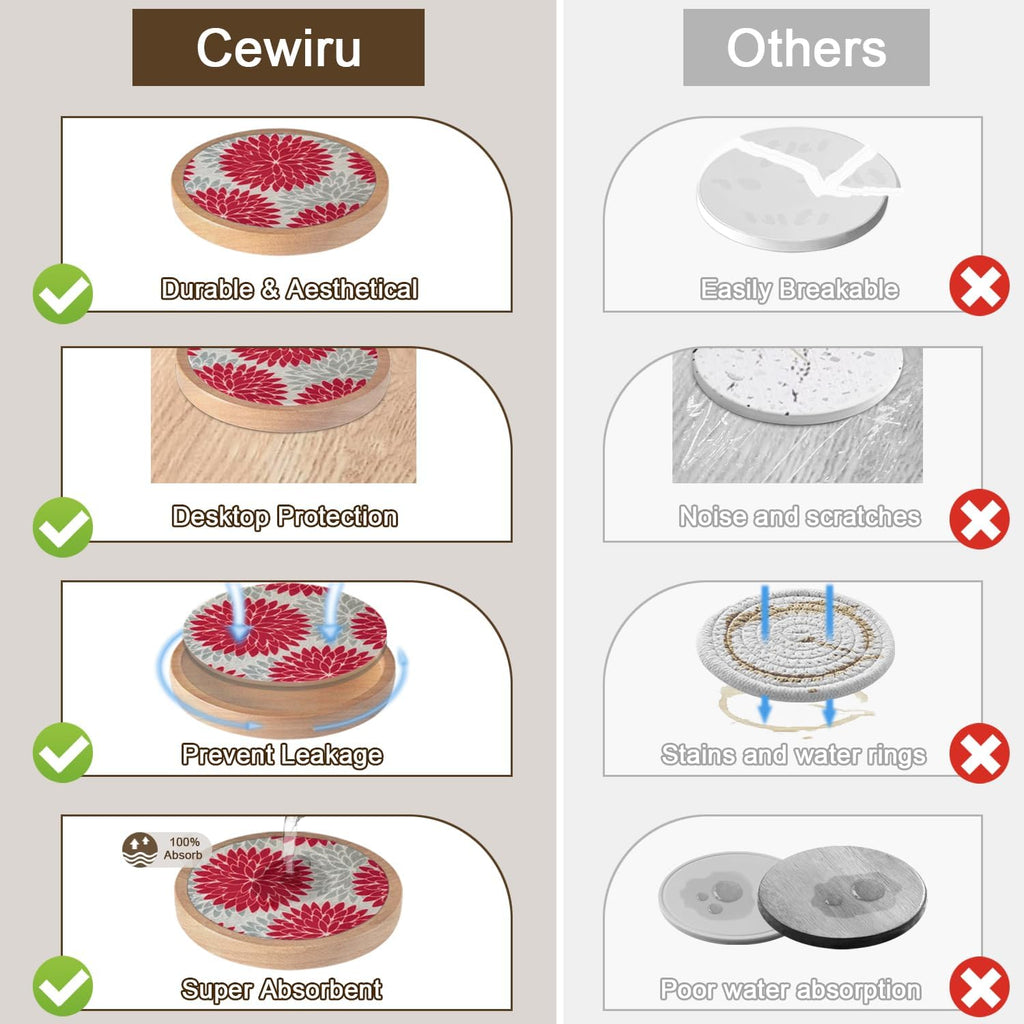 Wood Coasters Set of 6 with Holder, Cewiru Cup Mat for Drinks, Absorbent Coasters with Felt Insert for Coffee Table Protection, Modern Style Home Dining Table Decor, 4.3" Red