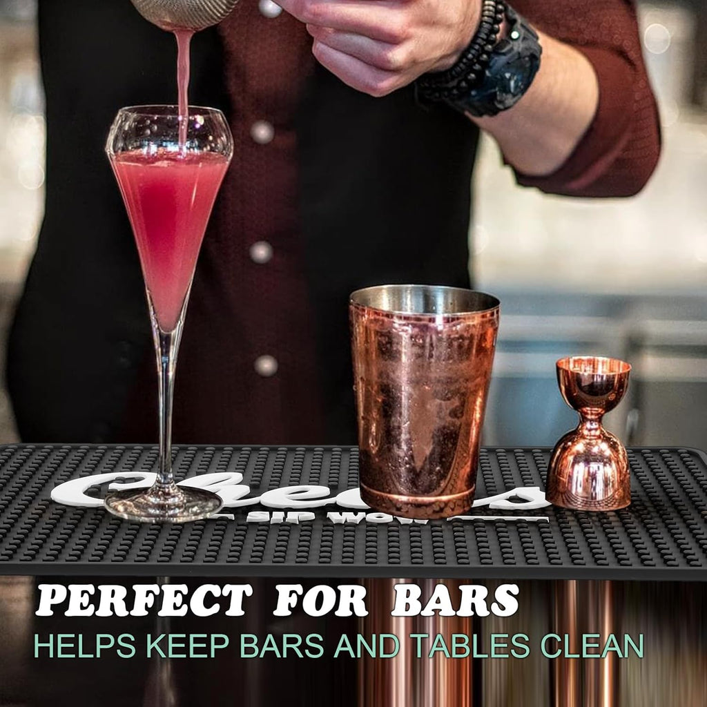 Cheers Bar Mat for Countertop 18in x 12in Large - Thick Durable Non-Slip Spill Rubber Bar Mats for Bartending - Personalized Custom Bar Mat for Home Bar Barista (Cheers)