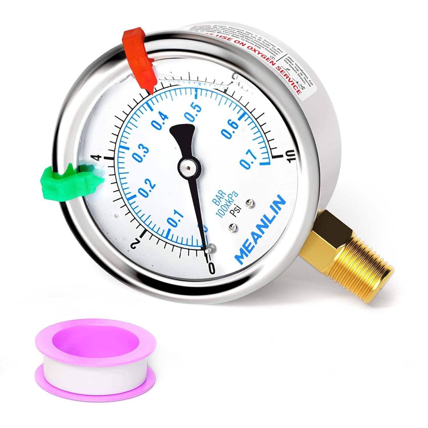 MEANLIN MEASURE 0~10Psi Liquid Filled Pressure Gauge 1/4" NPT 2.5" FACE DIAL Stainless Steel Glycerin Filled WOG Water Oil Air Lower Mount (with 2PCS Snaps)