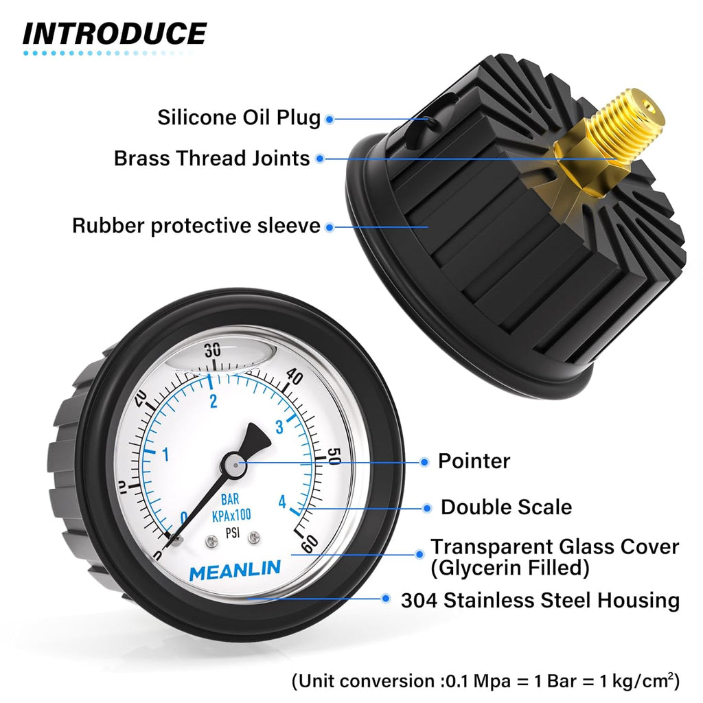 MEANLIN MEASURE 0~60Psi Stainless Steel Liquid Filled Pressure Gauge 1/4" NPT 2.5" FACE DIAL with Rubber Protective Sleeve, Center Back Mount