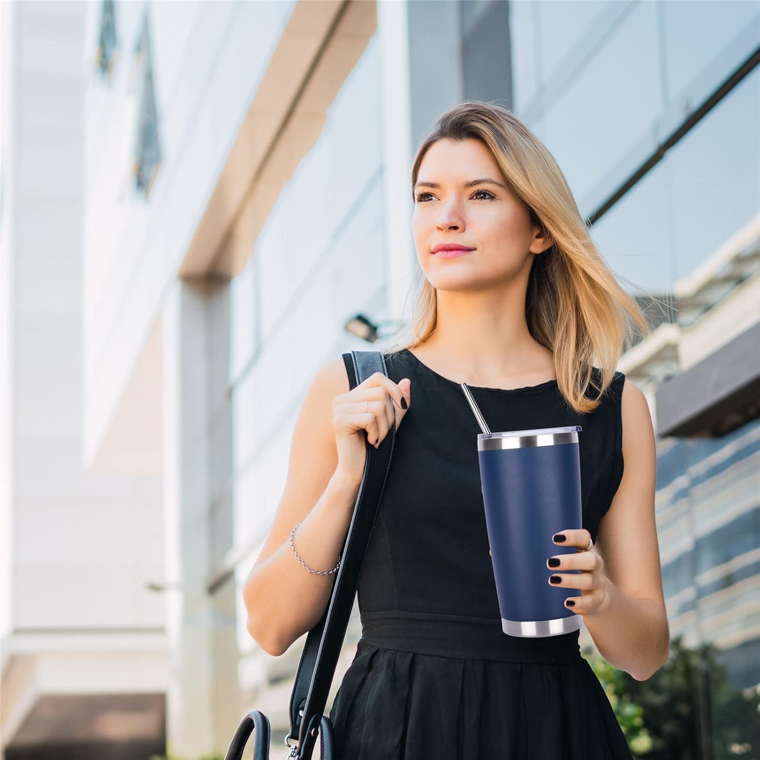 Pandance 20oz Stainless Steel Insulated Tumblers with Lid and Straw Bulk, Double Wall Vacuum Water Cups for Hot & Iced Coffee Drinks Travel Mug (Navy Blue, 1 pack)