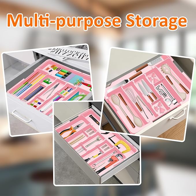 Large Utensil Drawer Organizer Expandable Silverware Organizer for Kitchen Drawer Adjustable Cooking Utensil Holder Cutlery Flatware Tray Spatula Tools Gadgets Storage Dividers Plastic Pink