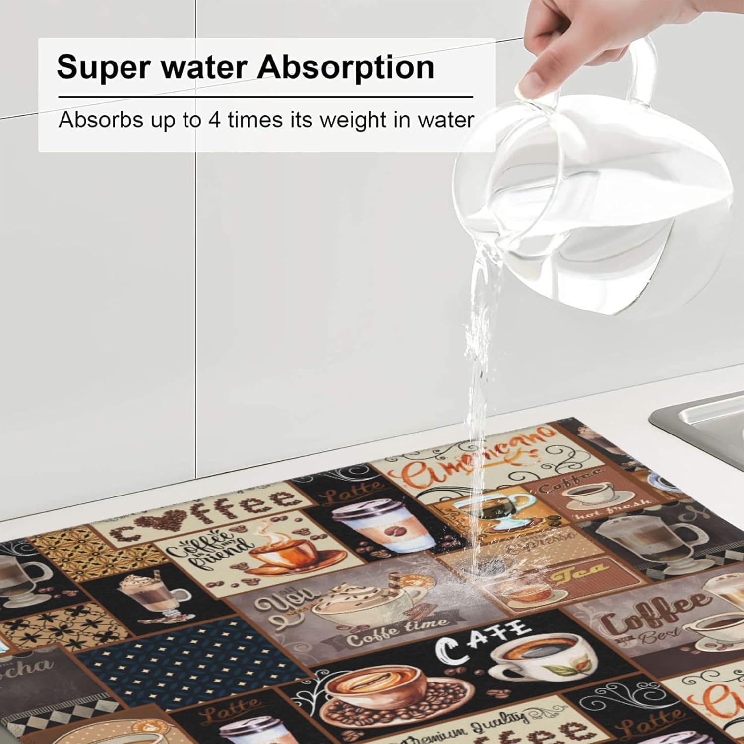 Boho Coffee Dish Drying Mat, Highly Absorbent Microfiber Kitchen Counter Pad Reusable Washable, 16*18"