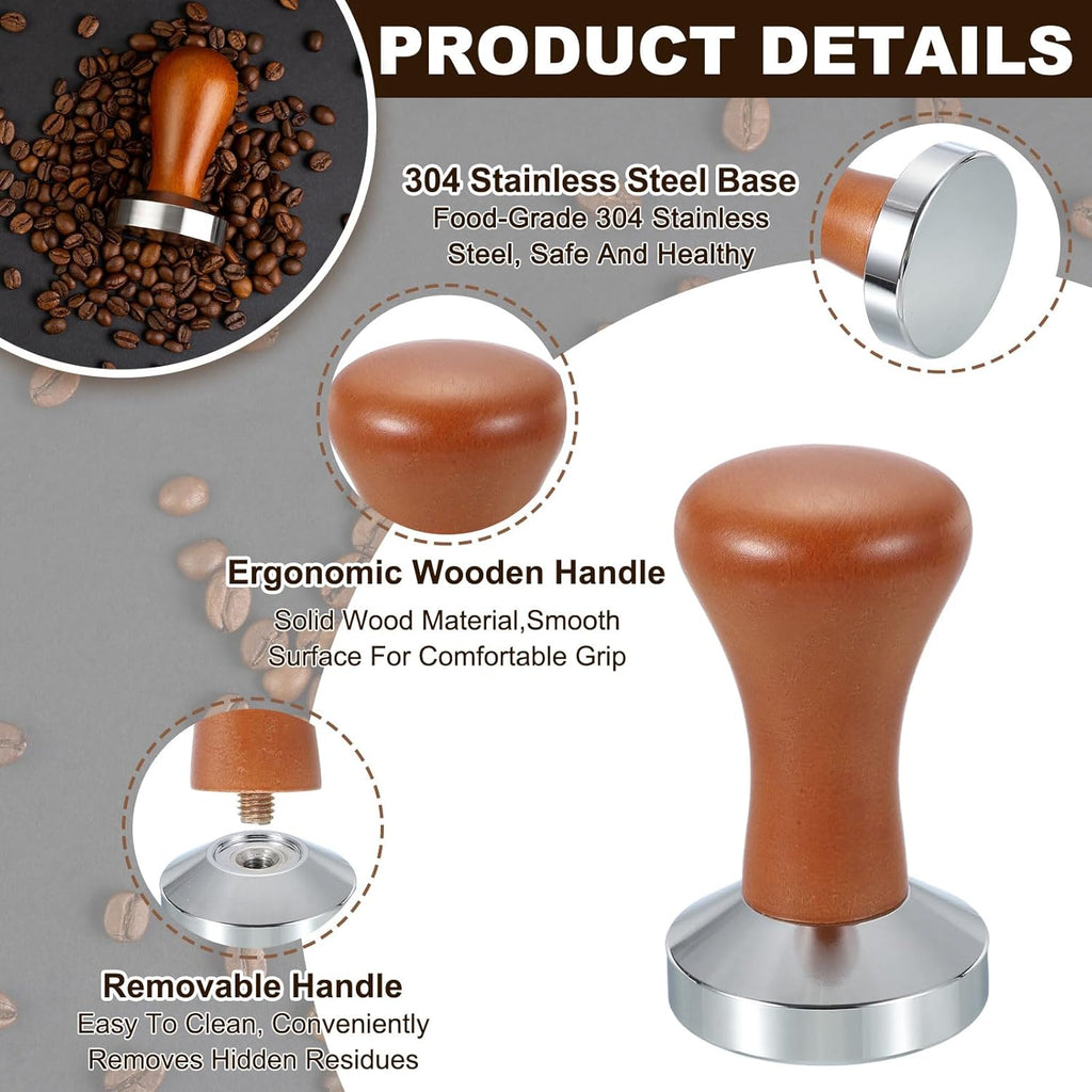 uxcell 51mm Coffee Tamper, Stainless Steel Espresso Press Tamper, Espresso Tamper with Wooden Handle Suitable for Coffee Shop, Restaurant Bar, Bakery (Dark Brown)
