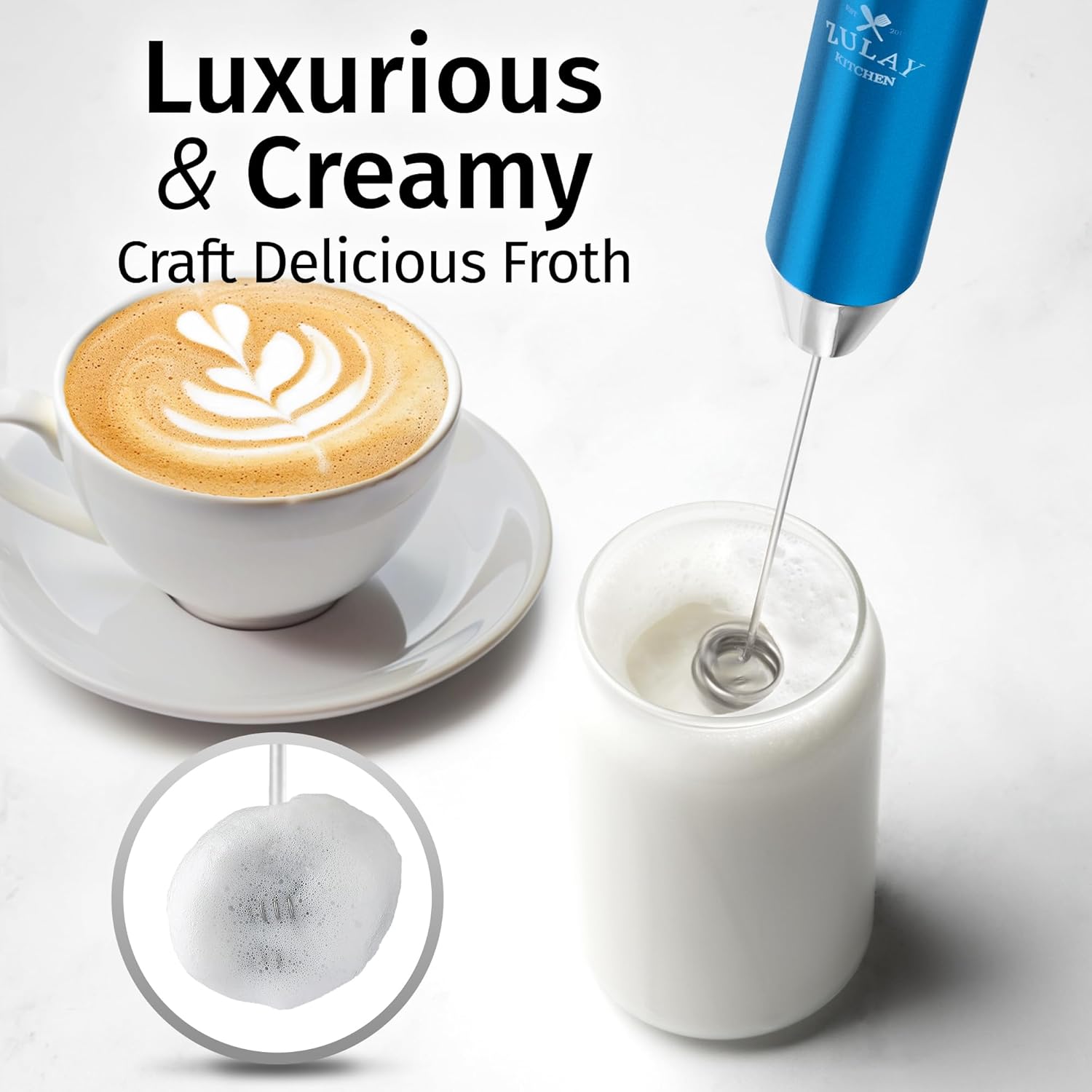 Zulay Kitchen Lux Rechargeable Milk Frother Handheld - Powerful 2-Speed Motor, Fully Waterproof, 2000mAh Battery - Drink Mixer For Latte, Cappuccino, Matcha, Protein Powder - Metallic Blue