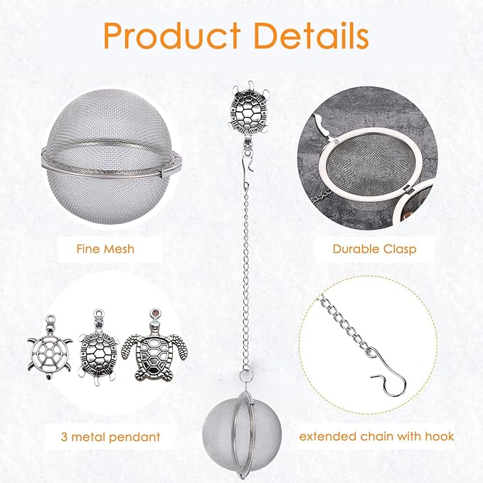 Tea Infusers for Loose Tea 3 Sets Tea Infuser Loose Leaf Tea Steeper Tea Stainless Steel Ball Mesh Tea Strainer Filters with Crtstal Pendant (Metal Turtle)