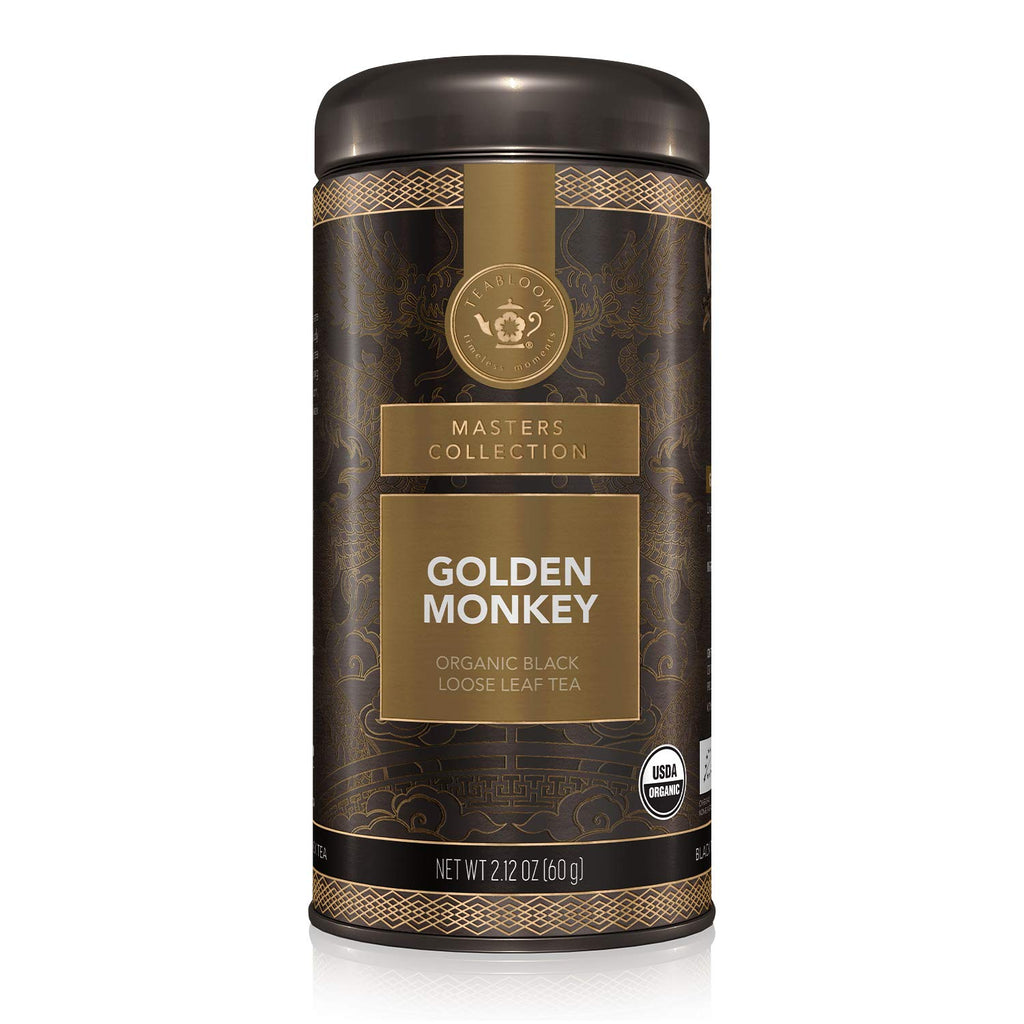 Teabloom Organic Golden Monkey Loose Leaf Tea, USDA Certified Organic Black Tea, Lingering Aroma with Smooth and Malty Flavor, 2.12 Ounce Loose Leaf Tea Canister Makes 35-50 Cups