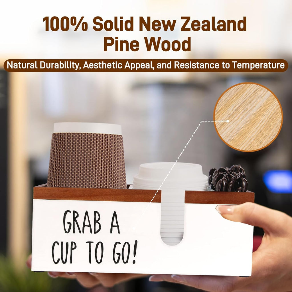 100% Wooden Coffee Cups Holder with U-Shape Cutout Design for Countertop-Coffee Bar Organizer for Cups, Lids, Pods, Stirrers, and Accessories, Great Gift for Home or Office (White)