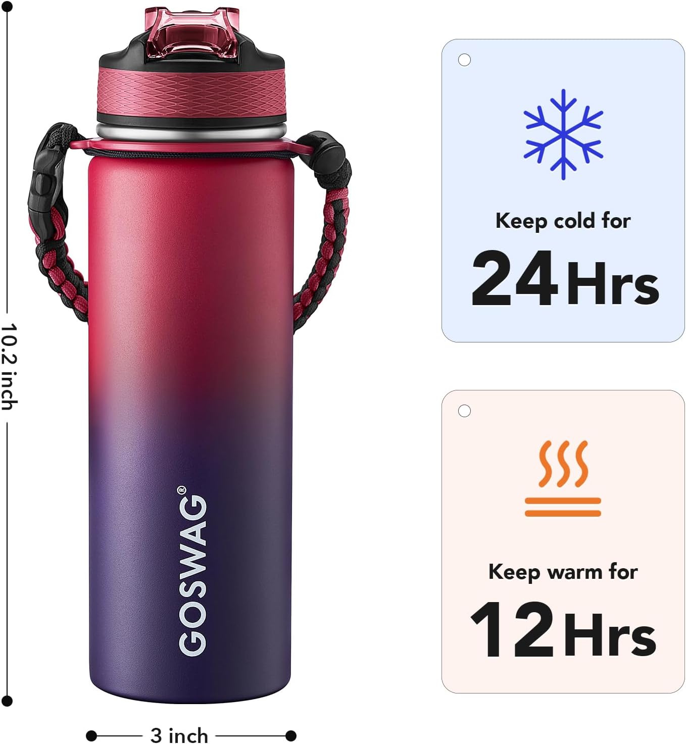 GOSWAG Insulated Sports Water Bottle, 24oz 2 Lids(with Straw/No Straw), Stainless Steel Water Bottles with Paracord Handle, Insulated Bottle with Double-Wall Vacuum Insulation