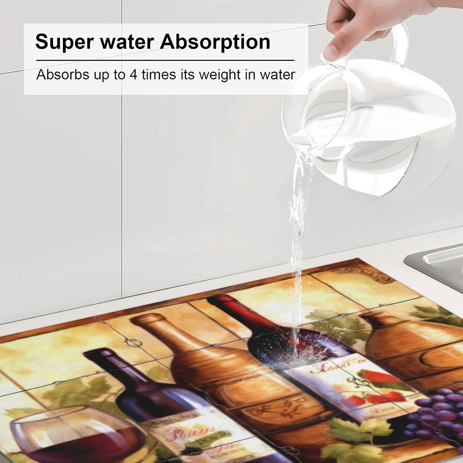 Large Dish Drying Mats For Kitchen Counter Microfiber Kitchen Drying Mat XL Draining Pad Absorbent Quick Drying Dish Mat 18x24 Inch - Wine Bottle Tile Mural