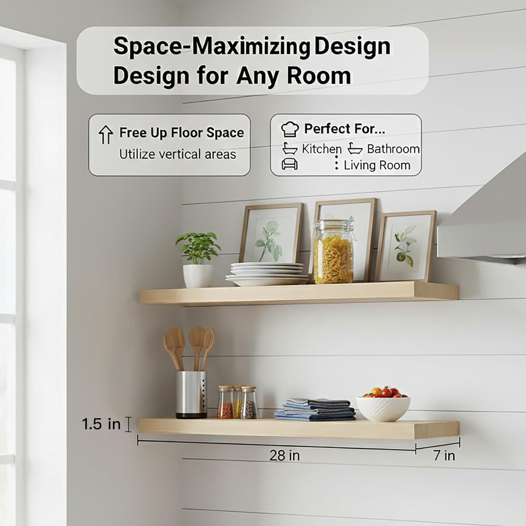 Lufia Floating Wall Shelves, Set of 2, MDF with Invisible Brackets, Modern Storage for Bedroom, Bathroom, Living Room, Kitchen (Oak, 28" W X 7" D X 1.5" H)