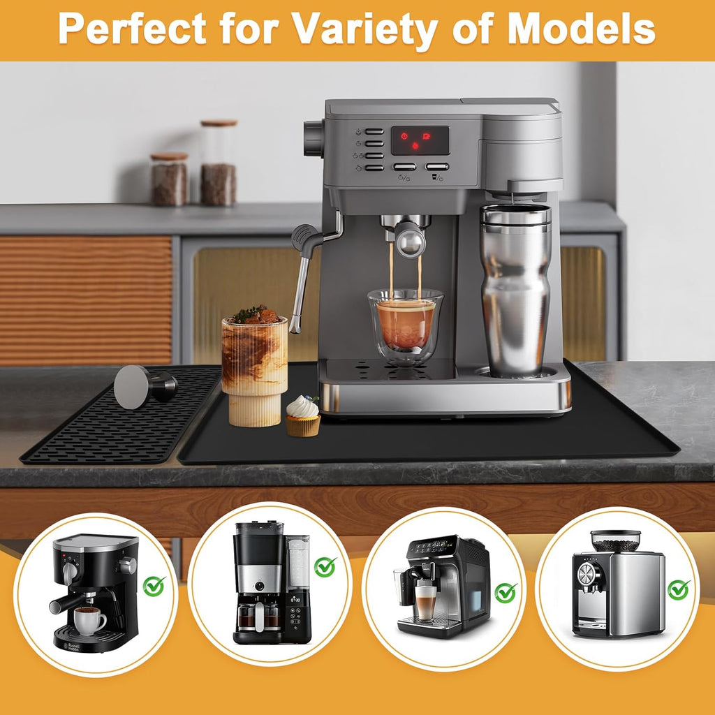 Silicone Coffee mat 24''x16'' – Non-Slip Bar Mat with Detachable Drying Layer for Espresso Machines, Countertops & Dish Racks-Black