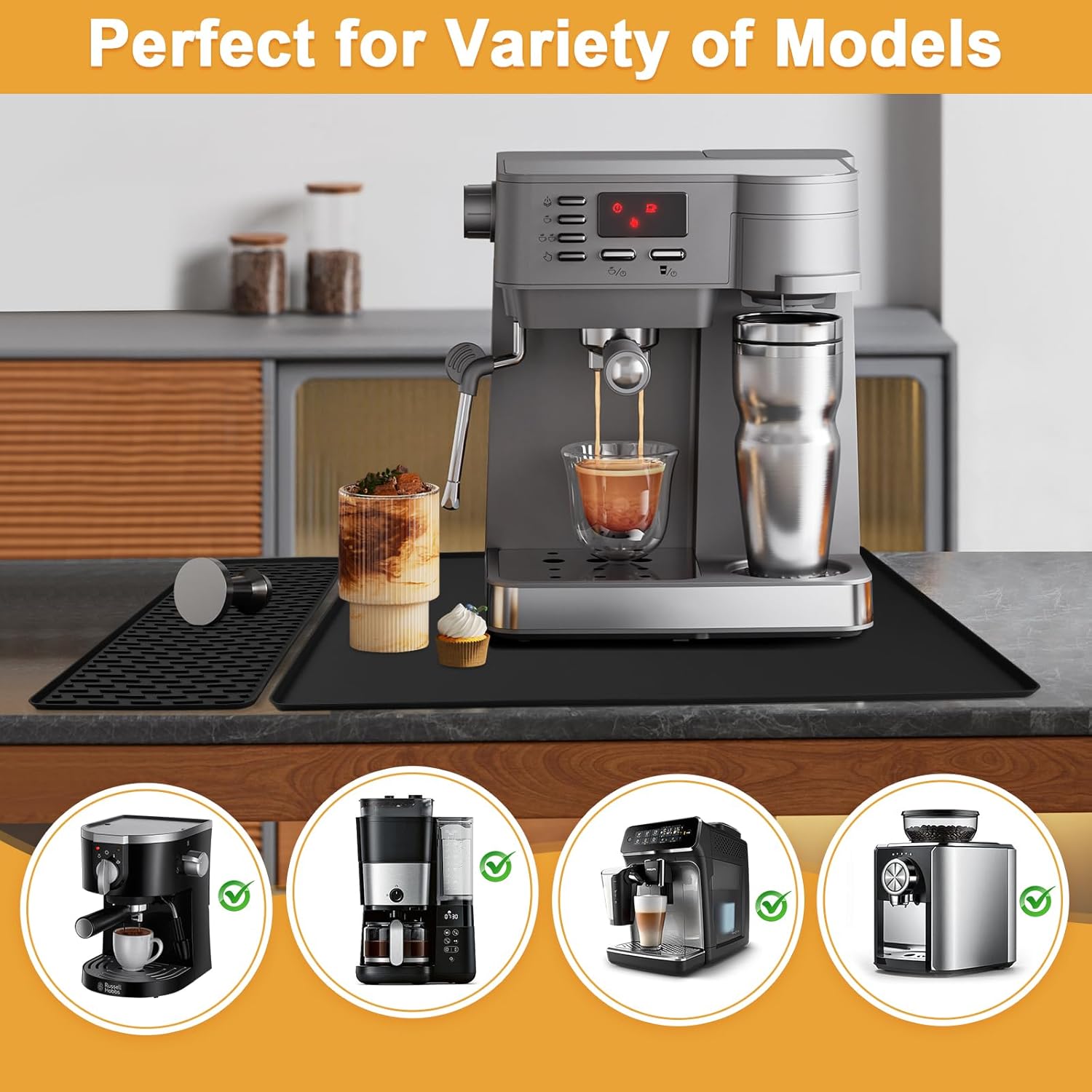 Silicone Coffee mat 24''x16'' – Non-Slip Bar Mat with Detachable Drying Layer for Espresso Machines, Countertops & Dish Racks-Black