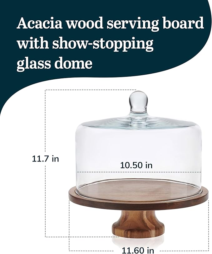 Libbey Acacia Wood Cake Stand with Lid, Footed Round Cake Container, Ball Top Handle Covered Cake Stand, Durable Glass Dome Cover