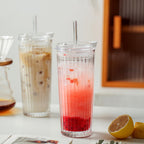 KEMORELA Ribbed Glass Tumbler with Straw and Lid – 18oz Durable Leak-Proof Drinking Cup for Hot and Cold Beverages – Stylish Design, Ideal for Iced Coffee, Smoothies, and More (2PCS-A)