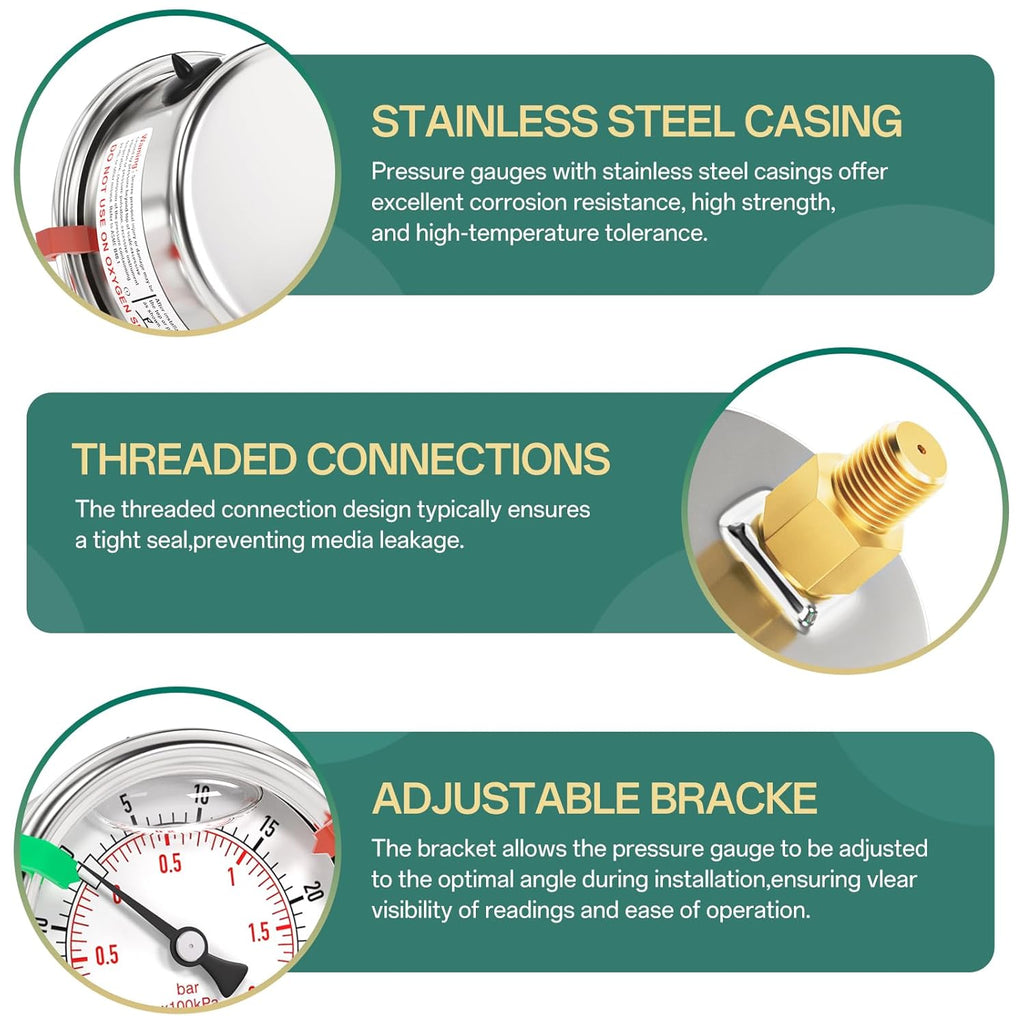 -30inHG-30PSI Stainless Steel Liquid Filled Pressure Gauge, 2.5" Dial Size, 1/8" NPT Back Mount, for Tube, Water Pump, Gas, Liquid, Pressure Test (with Range Mark Pointer)