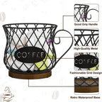 YINMIT K Cup Holder Organizer, Rustic Coffee Pod Holder Organizer, 35 Kcup Holder for Counter with Handle，Large Capacity Black Wire Coffee Capsule Basket for Kitchen Office Desktop (Circular Grid)