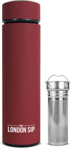 London Sip Multi-Purpose Travel Mug and Tumbler Fruit Infused Flask Hot and Cold Double Wall Stainless Steel Thermos with Extra-Long Infuser, Sacred Red