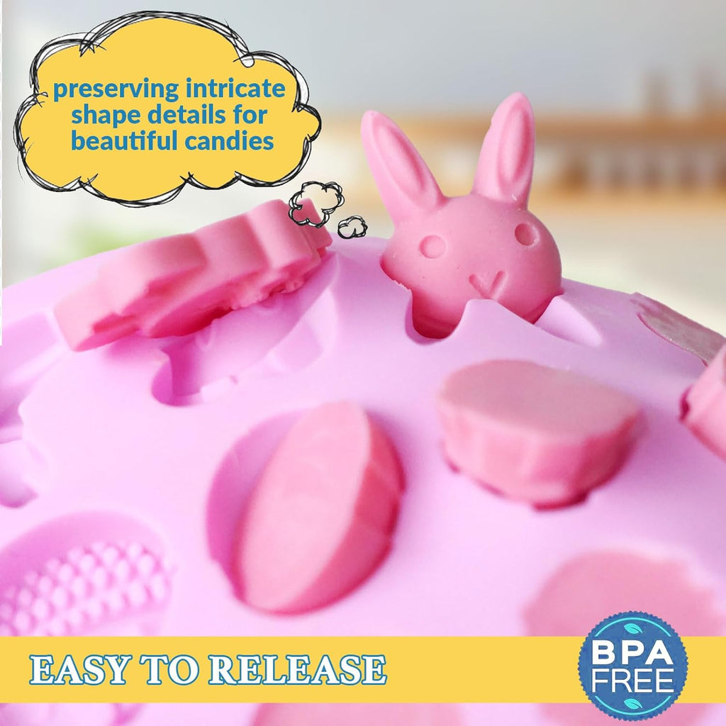 HKNMTT Easter Silicone Candy Mold 4-PACK 9 Shaped Egg Rabbit 72 Cavities Chocolate Mould Wax Melt Tray for Gummies Cupcake Decor Kids Holiday Gift Fudge Making Set