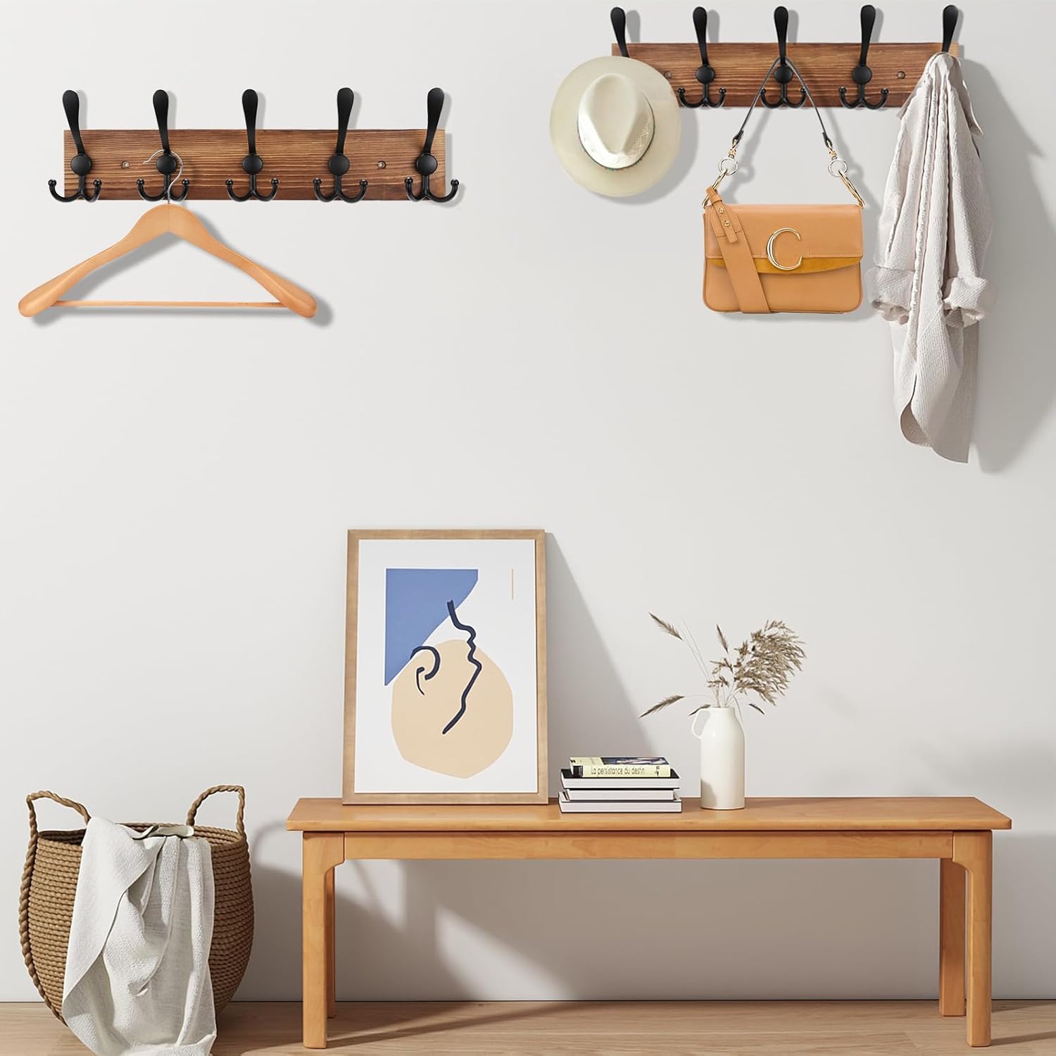2pcs Coat Rack Wall Mount Wooden Hat Rack for Wall Hooks Pine Real Wood Plank 16.9" Brown Coat Hanger with 5 Triple Hooks for Hanging Coat Hat Jacket