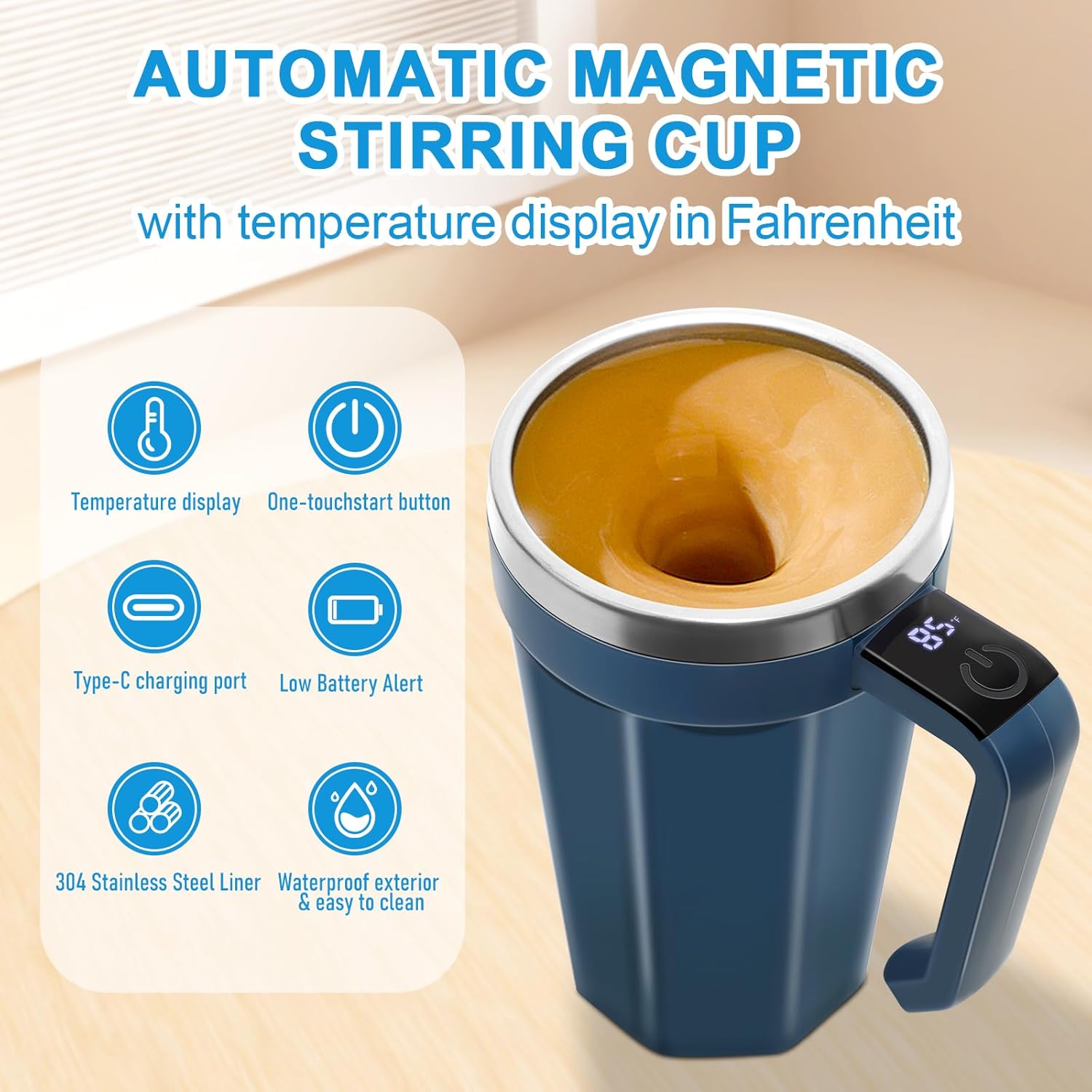 Self Stirring Coffee Mug with Temperature Display, 15oz Automatic Magnetic Mixing Cup, Rechargeable Travel Mug for Coffee, Milk, Cocoa - (Deep Blue)