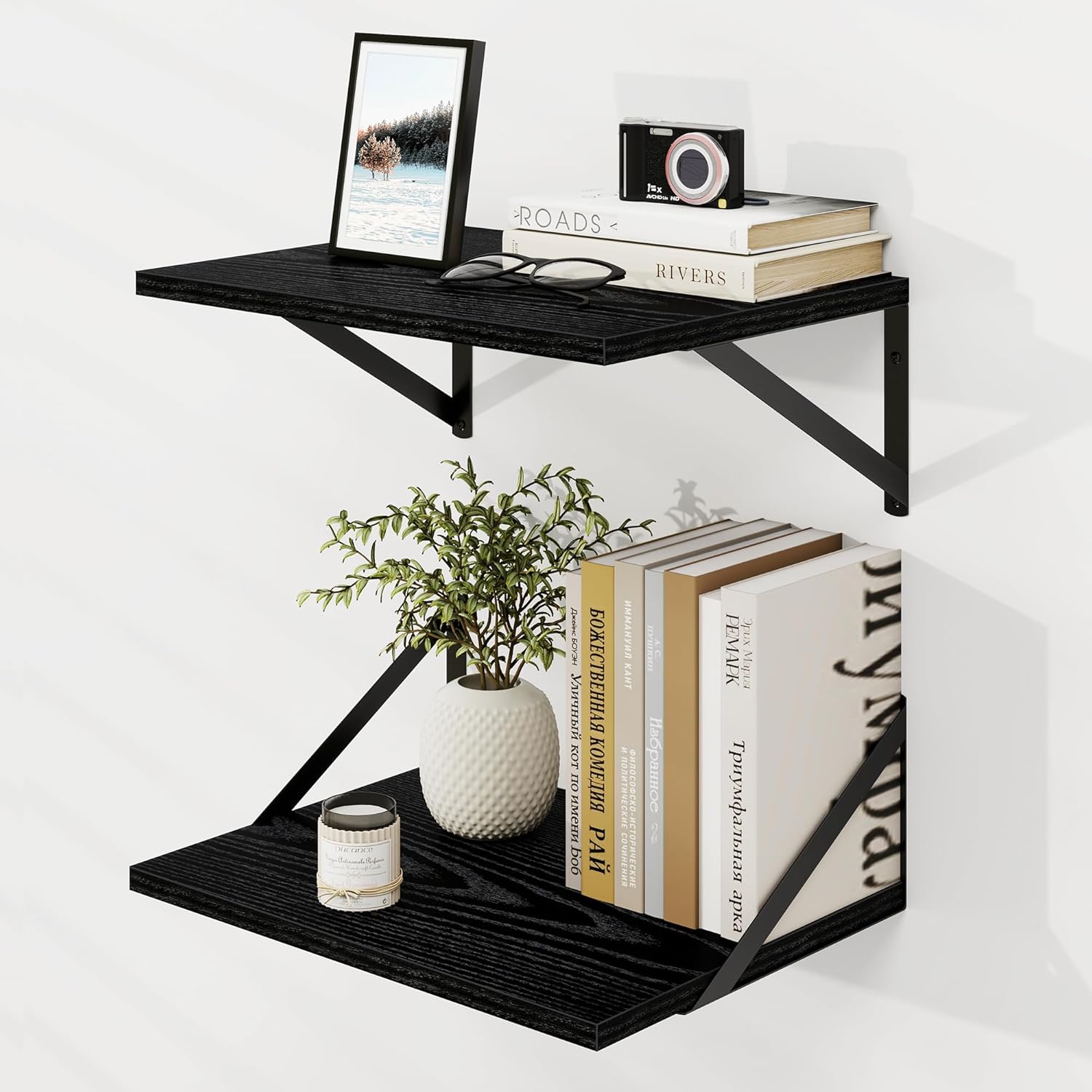 Dreamland Deep Floating Shelves for Wall, Black Floating Shelves, Large Floating Shelf 12 * 16 inch Set of 2 for Bookshelf Living Room Bedroom Home Office Bathroom