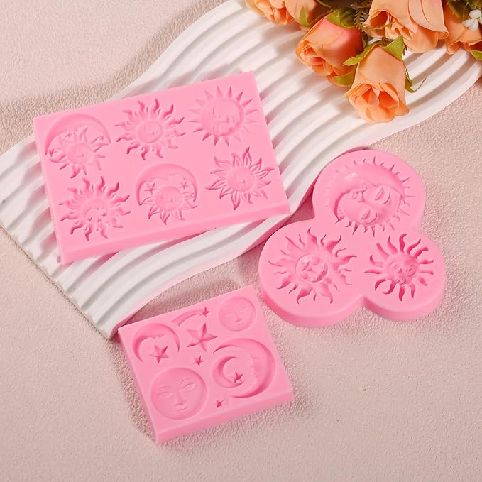 Sun and Moon Face Cake Decoration Fondant Mold 3 Pcs, Greek Mythology Various Chocolate Silicone Molds, for Candy, Biscuits, Mousse, Kitchen Baking, Cupcake Toppers, Modeling Clay, Plaster