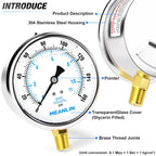 MEANLIN MEASURE 0~160Psi Stainless Steel 1/4" NPT 4" FACE DIAL Liquid Filled Pressure Gauge WOG Water Oil Air Lower Mount, with 1/4" x 1/2" NPT and 1/4" x 3/8" NPT Hex Bushing
