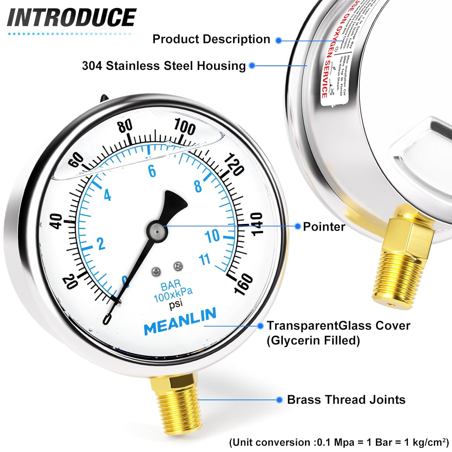 MEANLIN MEASURE 0~160Psi Stainless Steel 1/4" NPT 4" FACE DIAL Liquid Filled Pressure Gauge WOG Water Oil Air Lower Mount, with 1/4" x 1/2" NPT and 1/4" x 3/8" NPT Hex Bushing