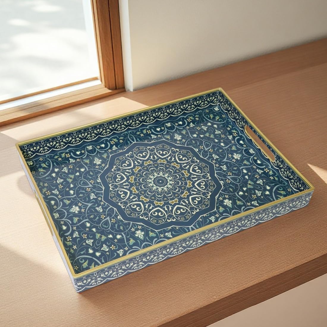 Decorative Tray, Blue Serving Tray with Handles, Ottoman Trays, Plastic Coffee Table Tray for Living Room, Bathroom, Kitchen, Decor, 15.7”*11.8”