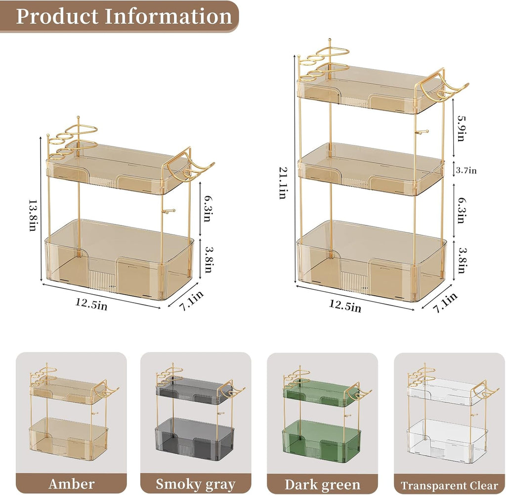 YCIA&DONE Luxury Bathroom Counter Organizer, Large Makeup Organizer Countertop, Shelf Organizer, Vanity Tray, Easily Assemble for Bathroom Organizers and Storage, Undersink, Cabinet,3 Tiers Amber