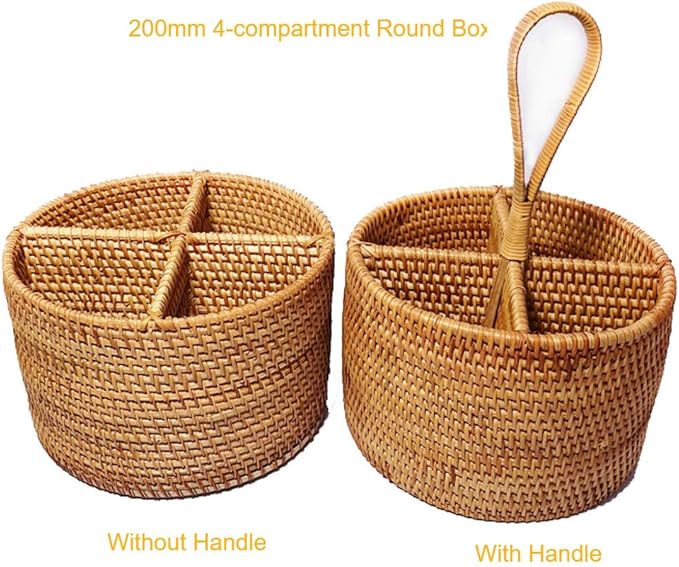 i-lan Natural Rattan 4 Compartments Storage Holder Cosmetics Organizer Utensil and Seasoning Bottle Serving Basket for Party(200mm 4-compartment Round Box)