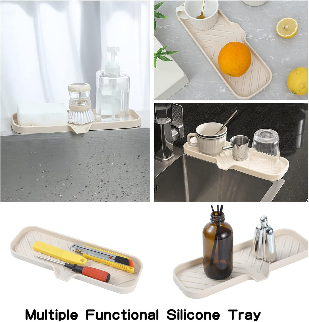 Silicone Bathroom Soap Dishes with Drain Spout-Bathroom and Kitchen Sink Organizer,Sponge Holder,Dish Soap Tray,Perfect for Dispenser,Scrubber,Bottle,Cup on Sink or Counter-Tapioca 12"×4"