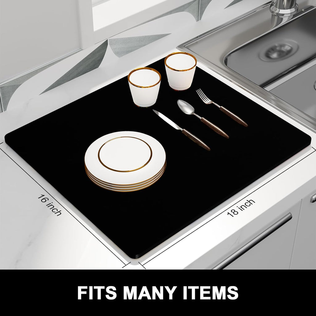 Rnivvi Dish Drying Mat, 16x18" Absorbent Drying Mat for Kitchen Counter, Cute Heat Resistant Dish Drying Pad Anti-Slip Dish Mat Drying Kitchen Mat, Dish Rack Mats for Bar Counter, Jet Black