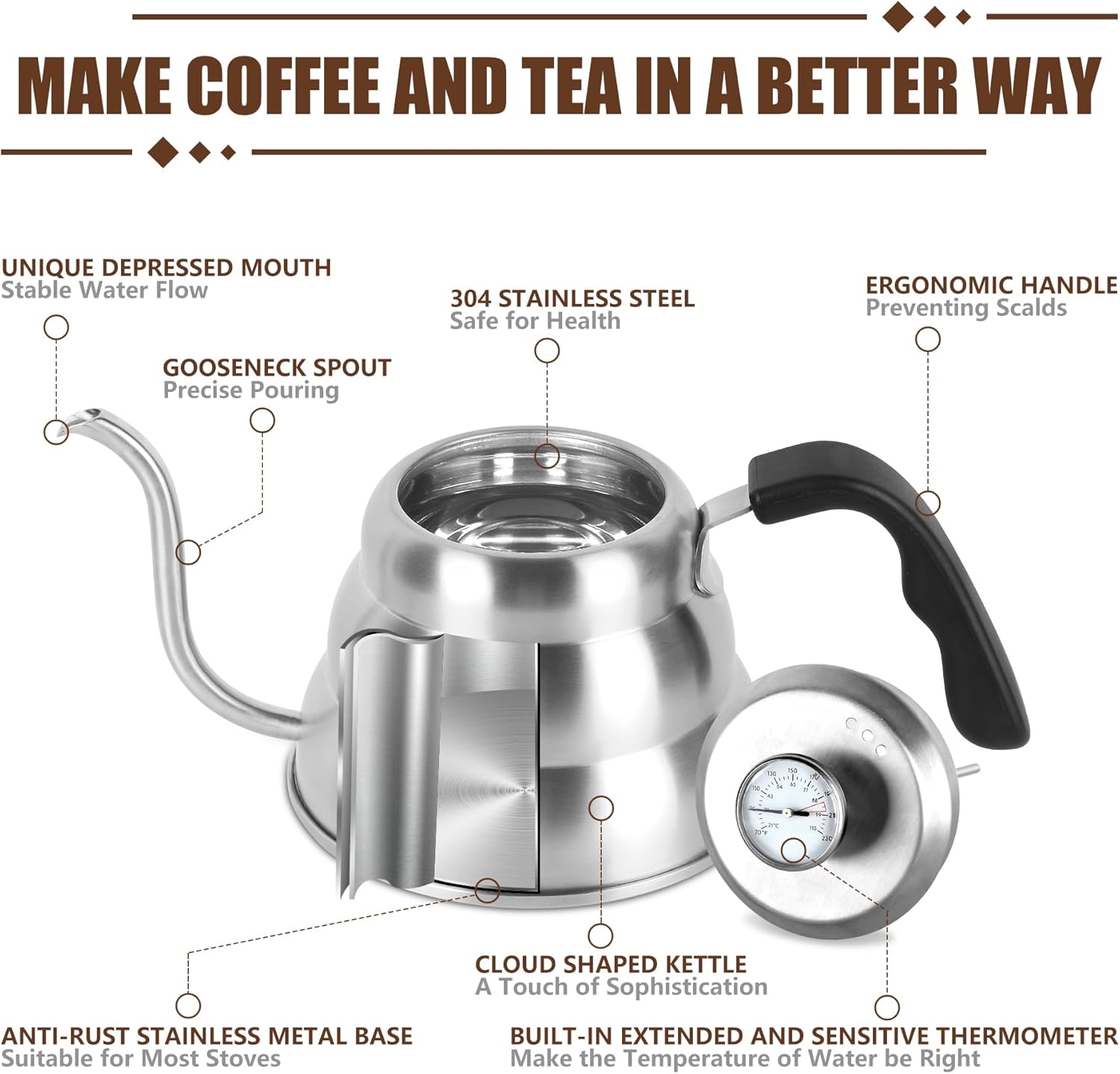 Pour Over Kettle for Manual Drip Coffee and Tea with Thermometer 28oz Gooseneck Kettle with Flow Control Stainless Steel Water Kettle for Stovetop,800ml,4 Cup,Silver,1Pack