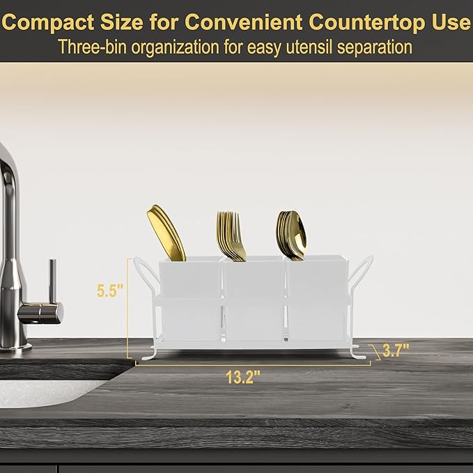 Cutlery Holder with Drain Holes, Silverware Caddy for Party, kitchen counter, 3pcs Bins Set Countertop Utensil Holder for Spoons, Forks and Knives, White