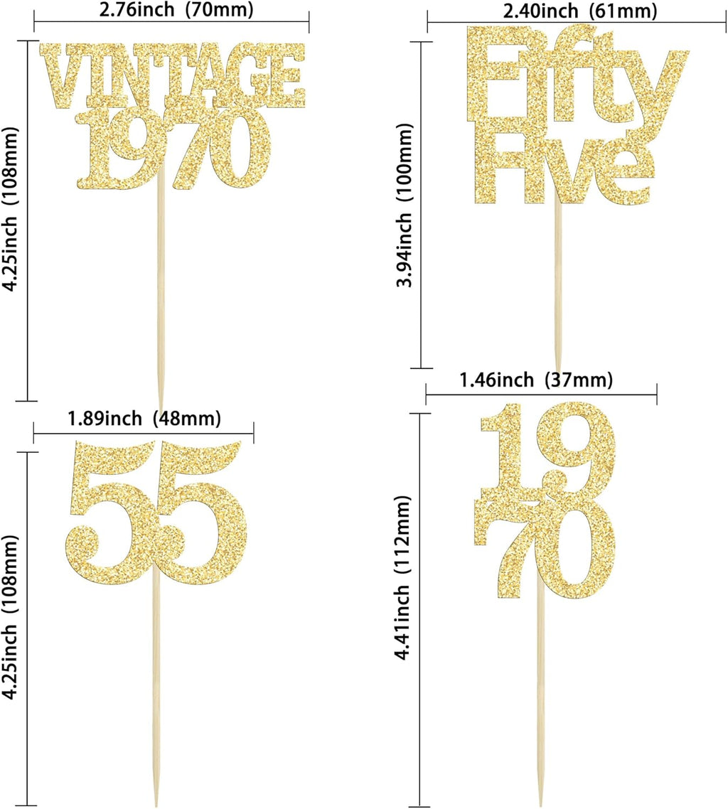 Gyufise 24Pcs 55th Birthday Cupcake Toppers Glitter Cheers to 55 Fabulous Fifty Five Vintage 1970 Cupcake Picks 55th Birthday Wedding Anniversary Party Cake Decorations Supplies Gold