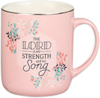Christian Art Gifts Large, 14 oz Ceramic Scripture Coffee & Tea Mug for Women: The Lord is My Strength - Psalm 118:14 Inspirational Bible Verse, Lead-free Drinkware w/Silver Rim, Pink Floral