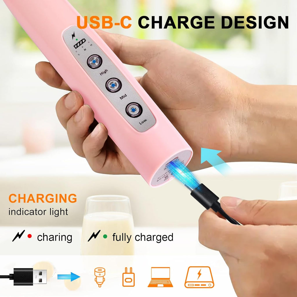 YUSWKO Pink Handheld Milk Frother Wand with Stand for Coffee, Rechargeable Electric Whisk with 3 Heads 3 Speeds Drink Mixer Coffee Frother For Latte, Cappuccino, Hot Chocolate, Egg